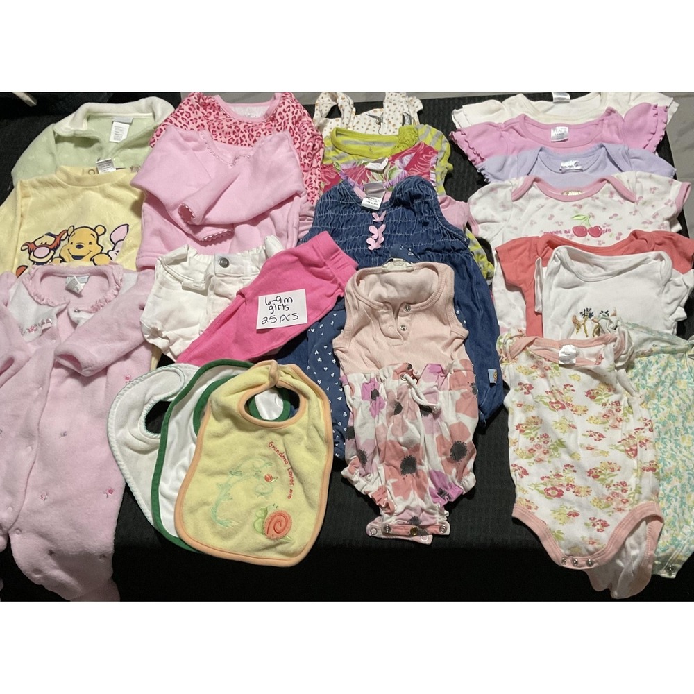 Mixed Brands 25pc Clothes Lot Girls 6-9M Multicolor Rompers Bodysuits Bibs
